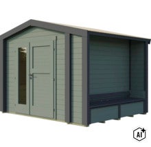 Abri de jardin en bois avec auvent intégré et banc, porte simple avec insert en verre et toit à deux versants (Image AI modified or generated)