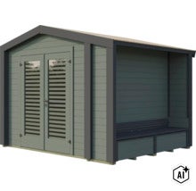 Abri de jardin en bois avec porte double et auvent intégré avec banc pour usage extérieur (Image AI modified or generated)