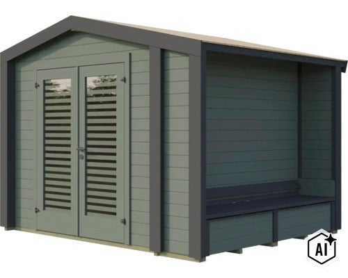 Abri de jardin en bois avec porte double et auvent intégré avec banc pour usage extérieur (Image AI modified or generated)