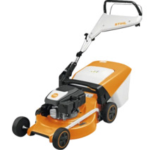 STIHL Benzin-Rasenmäher in Orange und Weiß mit Grasfangkorb und höhenverstellbarem Lenker.