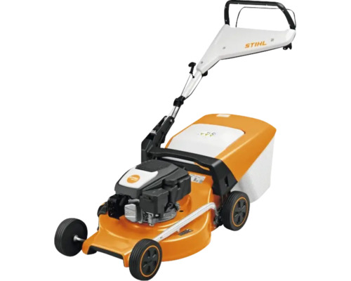 STIHL Benzin-Rasenmäher in Orange und Weiß mit Grasfangkorb und höhenverstellbarem Lenker.