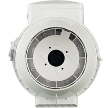 Ventilateur de conduit en plastique blanc, vue de face du boîtier pour les systèmes de ventilation.