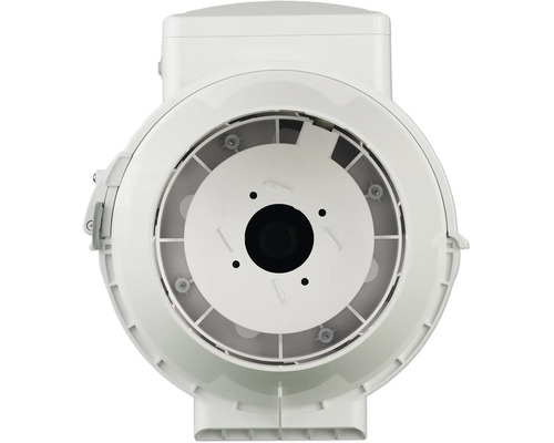 Ventilateur de conduit en plastique blanc, vue de face du boîtier pour les systèmes de ventilation.
