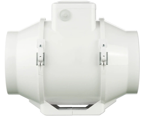 Ventilateur de gaine en plastique blanc pour montage dans des conduits de ventilation.