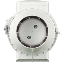 Weißer Rohrventilator aus Kunststoff für Belüftungssysteme in der Vorderansicht.