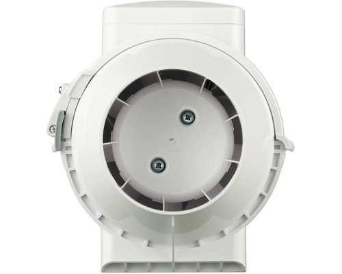 Weißer Rohrventilator aus Kunststoff für Belüftungssysteme in der Vorderansicht.
