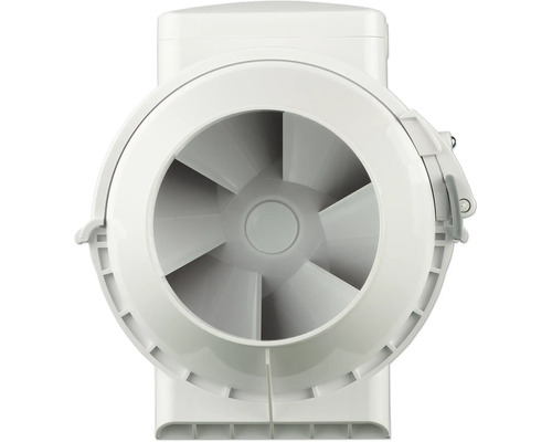 Weißer Rohrventilator aus Kunststoff für die Belüftung und Entlüftung in runder Form.