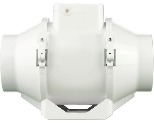 Rohrventilator aus weißem Kunststoff für den Einbau in Lüftungsrohre.