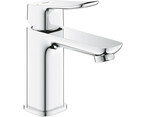 Mitigeur de lavabo Grohe moderne à levier unique en métal chromé avec bec plat et corps cylindrique.