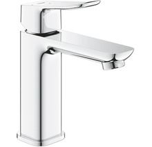 Mitigeur de lavabo monocommande en chrome avec bec plat et levier supérieur.