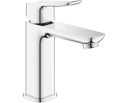 Mitigeur de lavabo monocommande en chrome avec bec plat et levier supérieur.