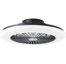 Ventilateur de plafond moderne avec anneau lumineux à LED intégré et boîtier sombre.