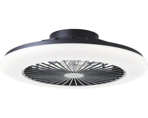 Ventilateur de plafond moderne avec anneau lumineux à LED intégré et boîtier sombre.