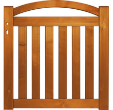 Portillon de jardin en bois avec partie supérieure cintrée et lattes verticales.