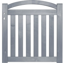 Portillon de jardin en bois avec arche et lattes verticales.