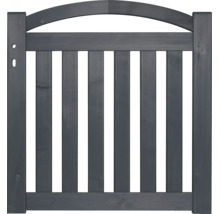 Portillon de jardin en bois anthracite avec arc arrondi et lattes verticales.
