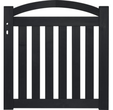 Portillon de jardin noir en bois avec arc et lattes verticales.