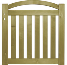 Portail de jardin en bois avec finition en arc et lattes verticales.