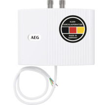 Petit chauffe-eau instantané AEG blanc avec câble de raccordement et AEG Logo. Fabriqué en Allemagne.