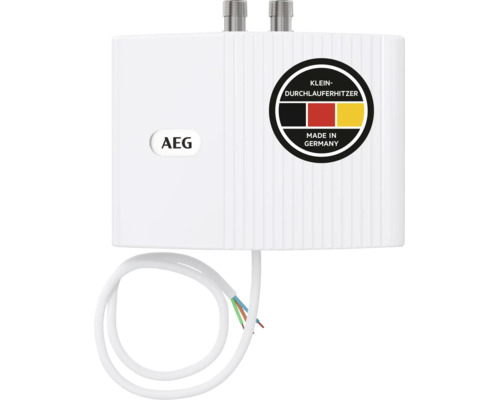 Petit chauffe-eau instantané AEG blanc avec câble de raccordement et AEG Logo. Fabriqué en Allemagne.