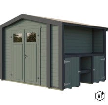 Abri de jardin en bois avec doubles portes et appentis intégré avec compartiments de rangement supplémentaires. (Image AI modified or generated)