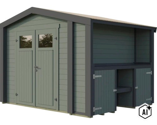 Abri de jardin en bois avec doubles portes et appentis intégré avec compartiments de rangement supplémentaires. (Image AI modified or generated)