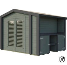 Abri de jardin moderne en bois avec double porte et extension intégrée avec compartiments de rangement pour outils ou bois de chauffage. (Image AI modified or generated)