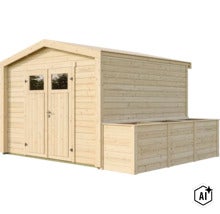 Abri de jardin en bois avec double porte et cache poubelle intégré (Image AI modified or generated)