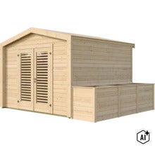 Abri de jardin en bois avec double porte à persiennes et abri pour poubelles intégré. (Image AI modified or generated)