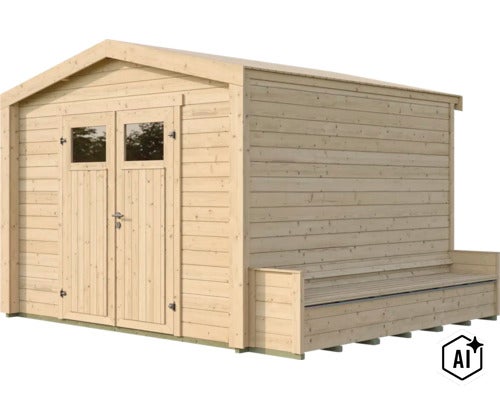 Abri de jardin en bois avec porte double et banc intégré sur la paroi latérale (Image AI modified or generated)