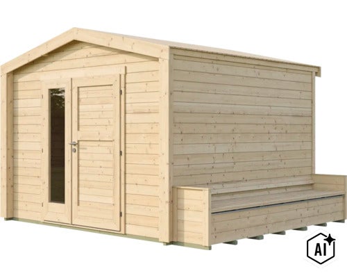 Abri de jardin en bois avec toit en pente et banc intégré (Image AI modified or generated)