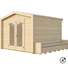 Abri de jardin en bois avec toit en bâtière, double porte à lamelles et banc intégré sur la paroi latérale. (Image AI modified or generated)