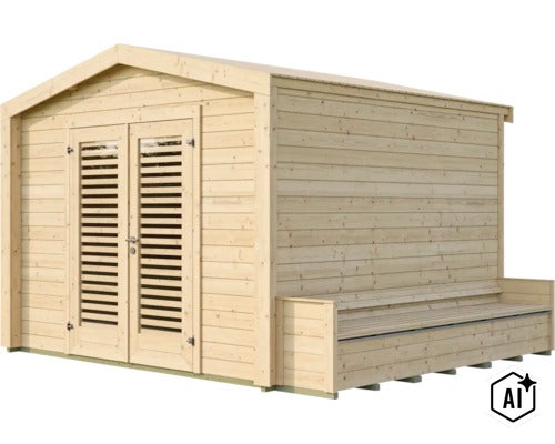 Abri de jardin en bois avec toit en bâtière, double porte à lamelles et banc intégré sur la paroi latérale. (Image AI modified or generated)