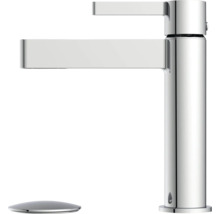 Mitigeur de lavabo moderne en chrome avec corps haut et bec plat.