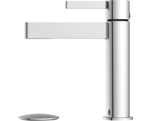 Mitigeur de lavabo moderne en chrome avec corps haut et bec plat.
