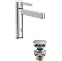 Mitigeur de lavabo avec bec plat, commande monolevier et bonde de vidage assortie.