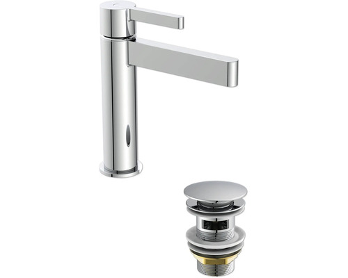 Mitigeur de lavabo avec bec plat, commande monolevier et bonde de vidage assortie.