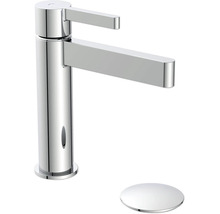 Mitigeur de lavabo moderne en chrome avec levier unique, capteur infrarouge et bonde de vidage assortie.
