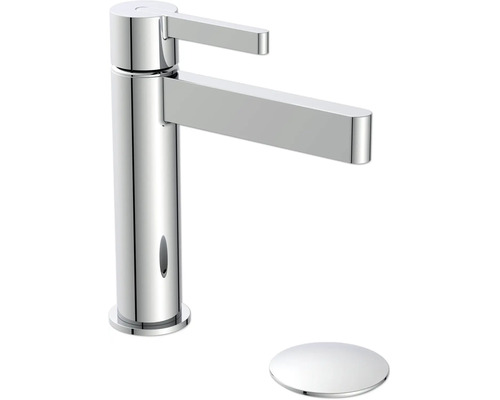 Mitigeur de lavabo moderne en chrome avec levier unique, capteur infrarouge et bonde de vidage assortie.