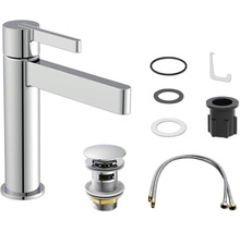 Mitigeur de lavabo aspect chrome avec bec haut, garniture de vidage, bagues d'étanchéité, matériel de montage et flexibles de raccordement.