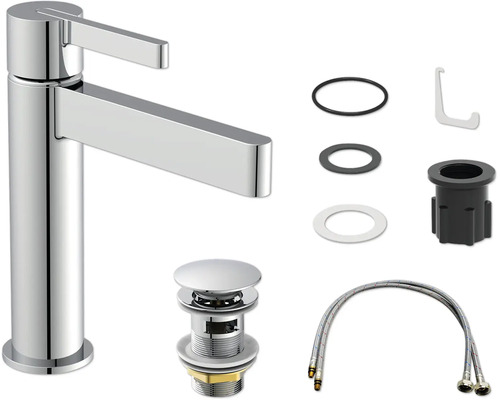Mitigeur de lavabo aspect chrome avec bec haut, garniture de vidage, bagues d'étanchéité, matériel de montage et flexibles de raccordement.