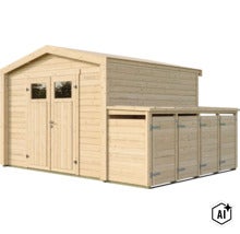 Abri de jardin en bois avec double porte et appentis latéral intégré avec trois portes pour un espace de rangement supplémentaire. (Image AI modified or generated)