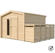 Abri de jardin en bois avec appentis intégré pour le rangement du bois de chauffage ou des outils de jardin. (Image AI modified or generated)