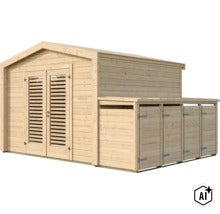 Abri de jardin en bois avec porte à deux battants et extension latérale avec plusieurs compartiments pour ranger les outils de jardin. (Image AI modified or generated)