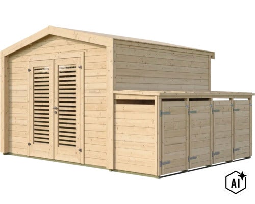 Abri de jardin en bois avec porte à deux battants et extension latérale avec plusieurs compartiments pour ranger les outils de jardin. (Image AI modified or generated)