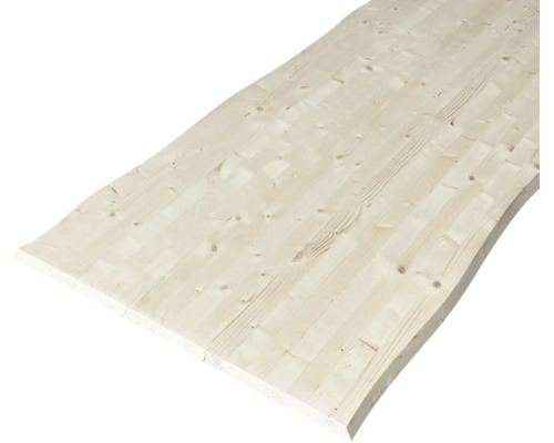 Panneau en bois lamellé-collé en épicéa avec veinage du bois apparent pour la fabrication de meubles et l'aménagement intérieur.