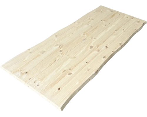 Panneau en bois massif de résineux avec un bord naturel et veinage visible.