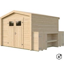 Abri de jardin en bois avec double porte et extension latérale intégrée avec étagère et placard. (Image AI modified or generated)