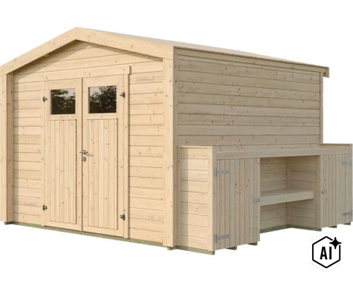 Abri de jardin en bois avec double porte et extension latérale intégrée avec étagère et placard. (Image AI modified or generated)