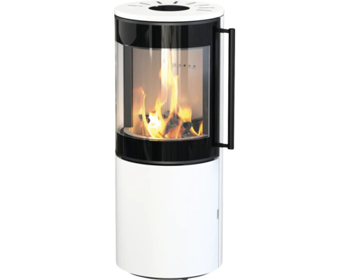 Poêle à bois moderne de forme cylindrique avec corps blanc, grande vitre et feu de cheminée.